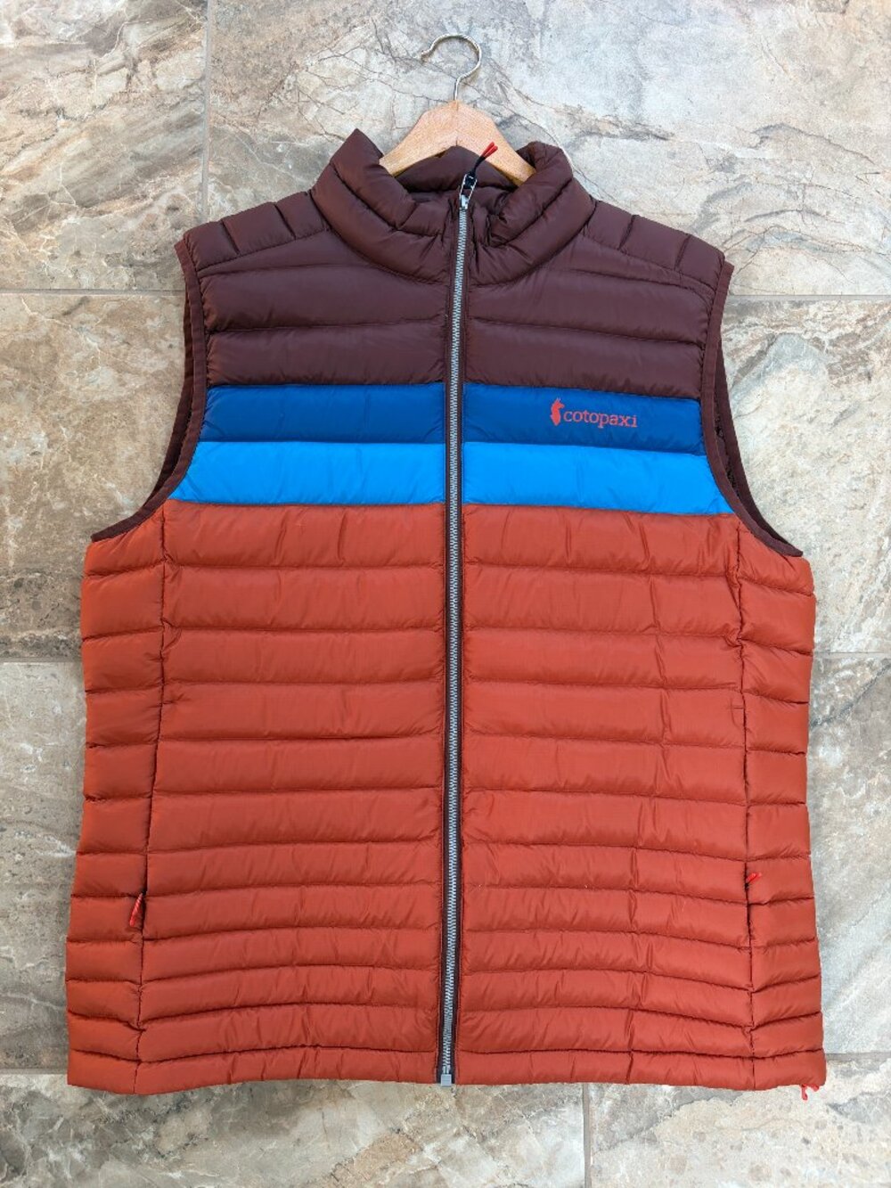 Cotopaxi Fuego Down Vest Mens Large Brown Orange Blue